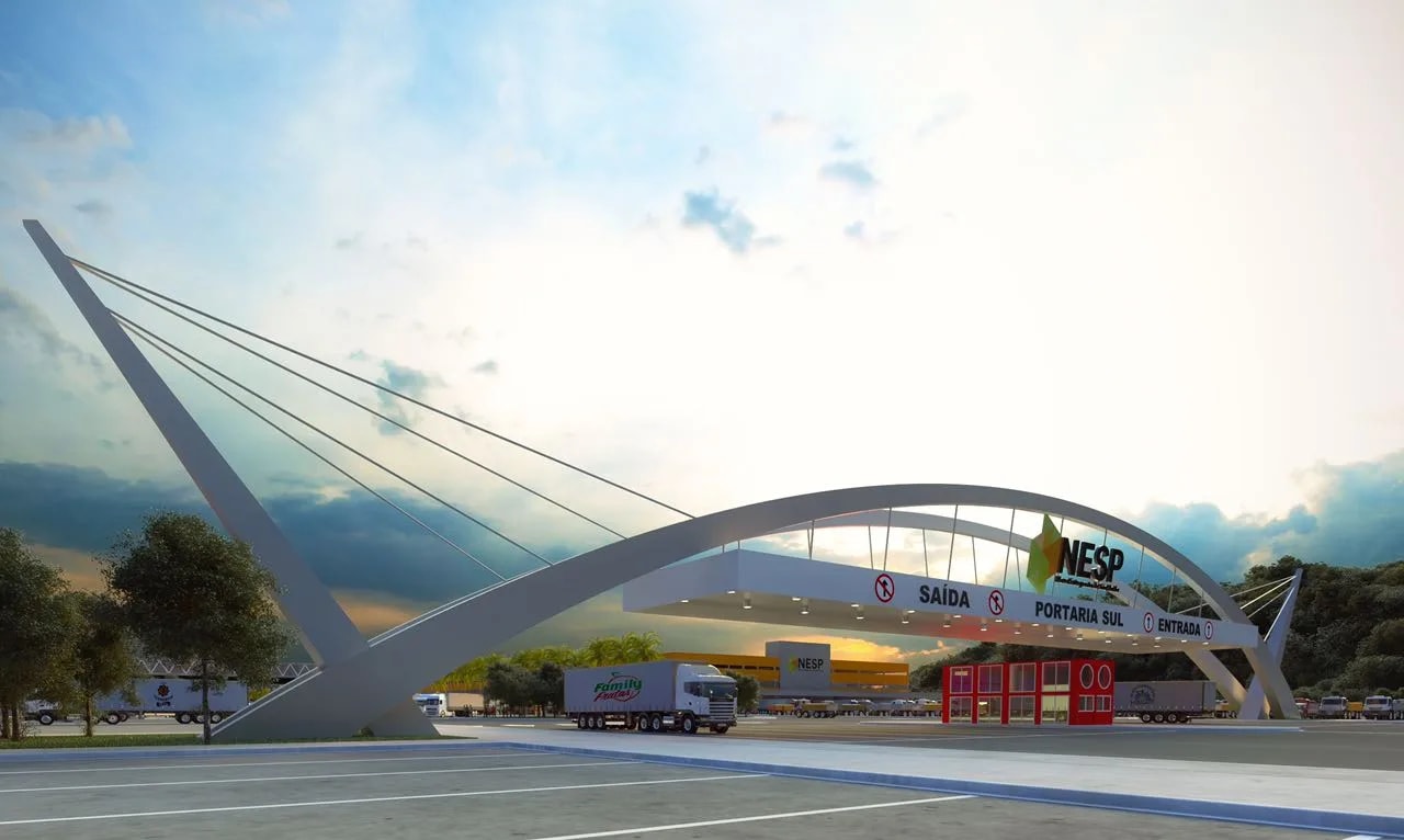 Render da portaria de acesso ao NESP, com pórtico de estrutura tensionada sobre a via e caminhões entrando